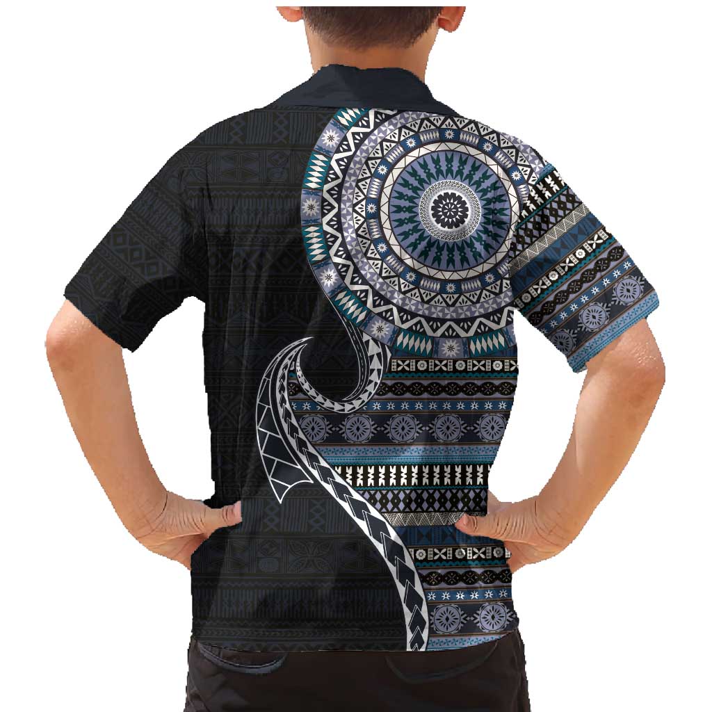 Fijian Masi Tribal Tattoos Art Pattern Family Matching Mermaid Dress and Hawaiian Shirt Navy Color Half Style LT03 - Polynesian Pride