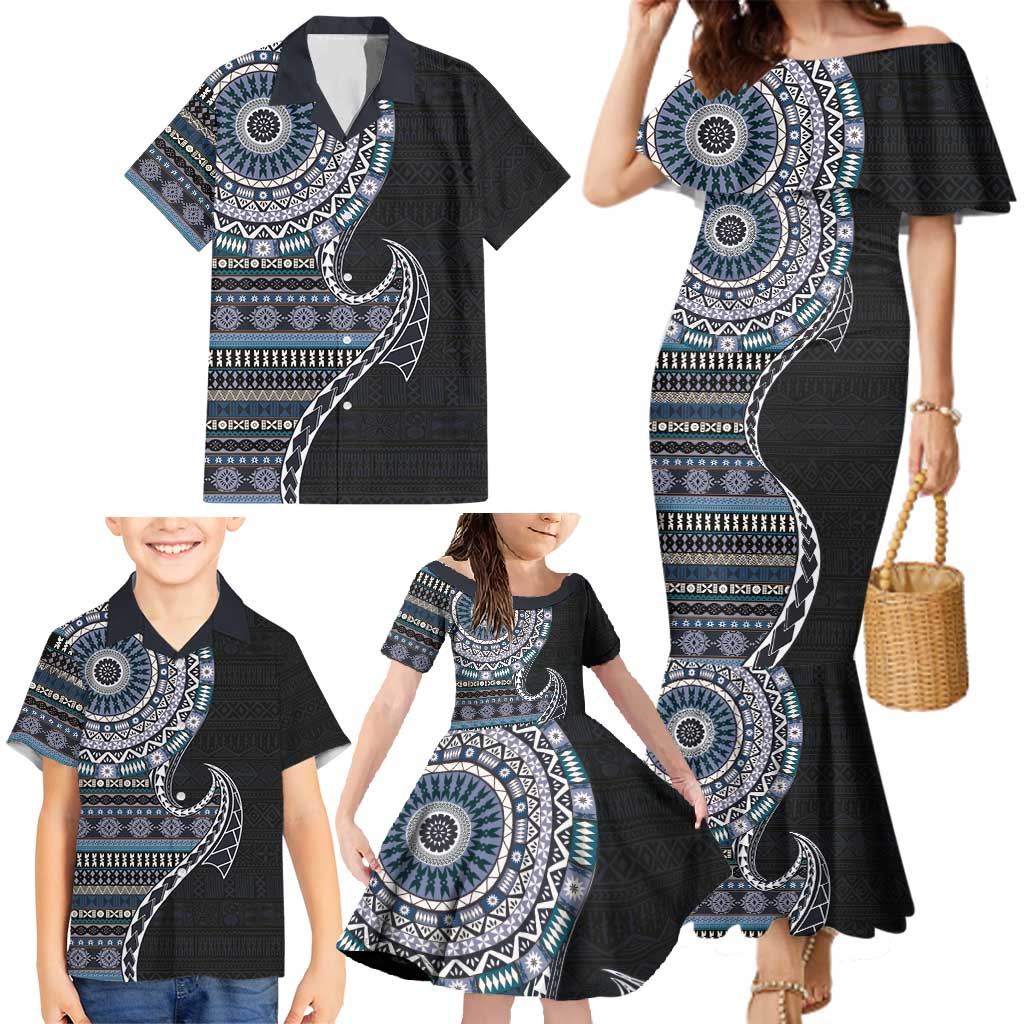 Fijian Masi Tribal Tattoos Art Pattern Family Matching Mermaid Dress and Hawaiian Shirt Navy Color Half Style LT03 - Polynesian Pride