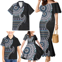 Fijian Masi Tribal Tattoos Art Pattern Family Matching Mermaid Dress and Hawaiian Shirt Navy Color Half Style LT03 - Polynesian Pride