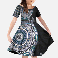 Fijian Masi Tribal Tattoos Art Pattern Family Matching Off The Shoulder Long Sleeve Dress and Hawaiian Shirt Navy Color Half Style LT03 Daughter's Dress Navy - Polynesian Pride