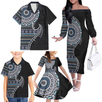 Fijian Masi Tribal Tattoos Art Pattern Family Matching Off The Shoulder Long Sleeve Dress and Hawaiian Shirt Navy Color Half Style LT03 - Polynesian Pride