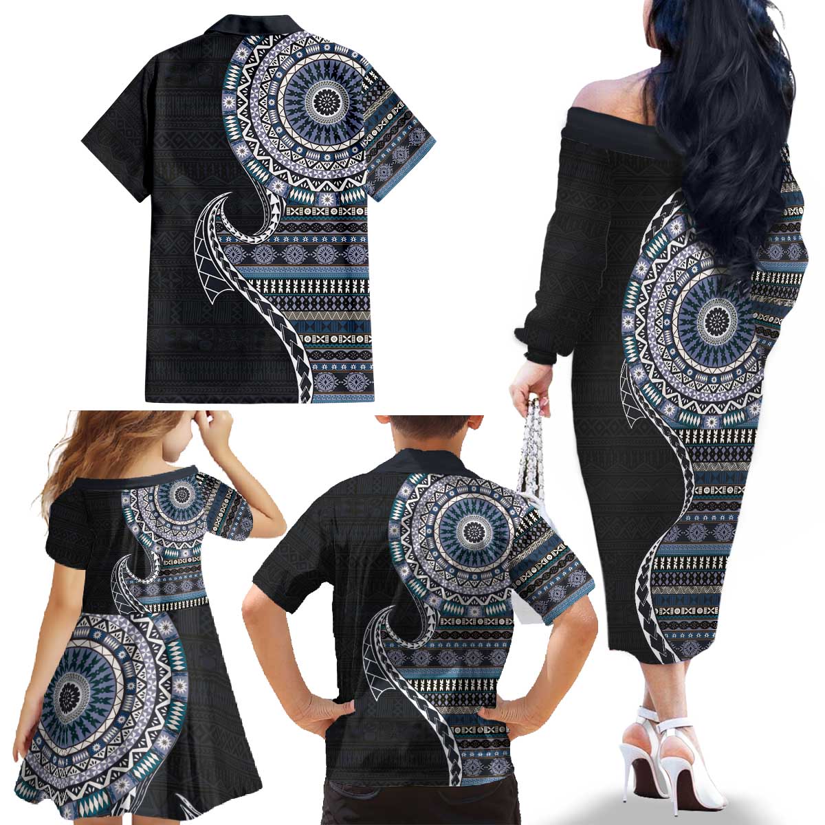 Fijian Masi Tribal Tattoos Art Pattern Family Matching Off The Shoulder Long Sleeve Dress and Hawaiian Shirt Navy Color Half Style LT03 - Polynesian Pride