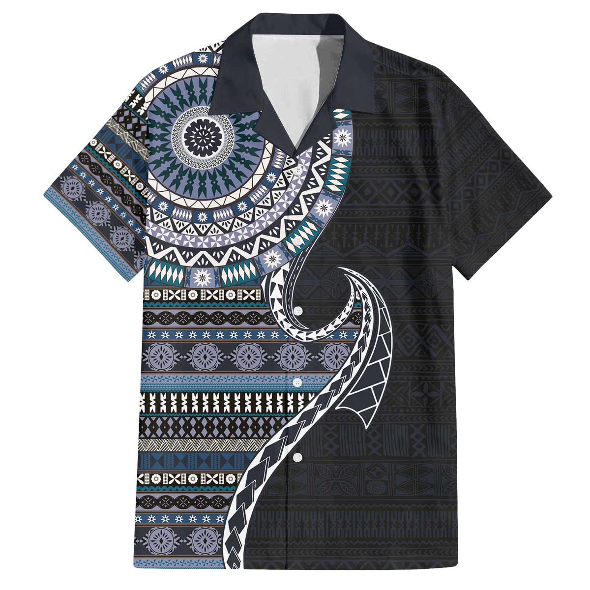 Fijian Masi Tribal Tattoos Art Pattern Family Matching Off The Shoulder Long Sleeve Dress and Hawaiian Shirt Navy Color Half Style LT03 Dad's Shirt - Short Sleeve Navy - Polynesian Pride