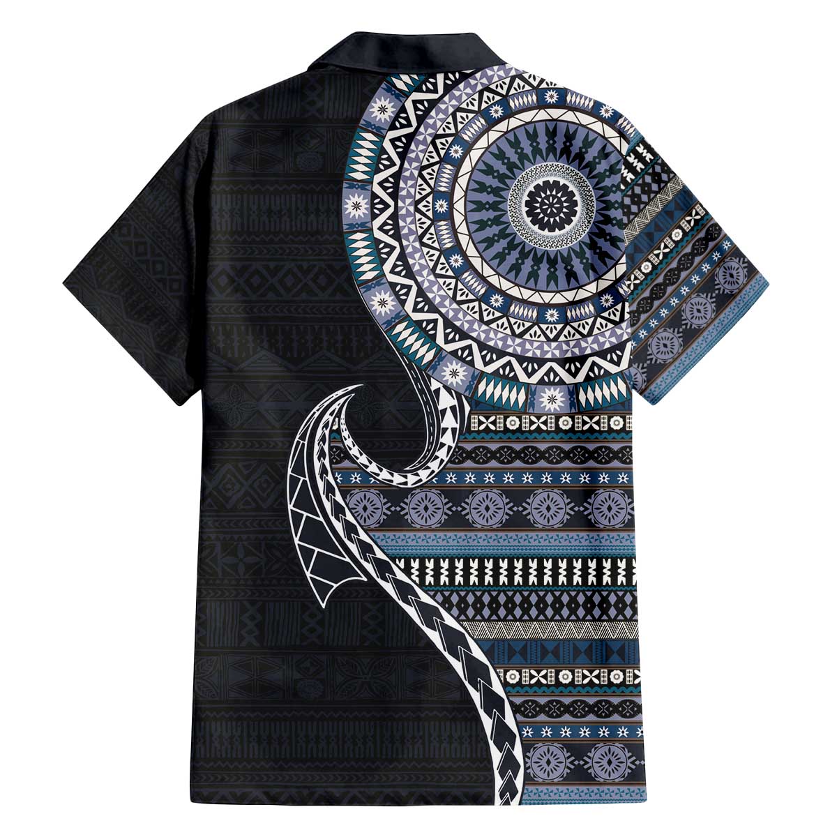 Fijian Masi Tribal Tattoos Art Pattern Family Matching Off The Shoulder Long Sleeve Dress and Hawaiian Shirt Navy Color Half Style LT03 - Polynesian Pride