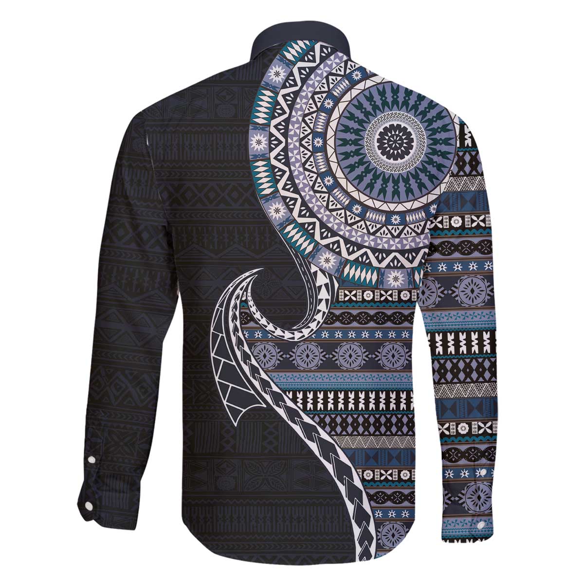 Fijian Masi Tribal Tattoos Art Pattern Family Matching Off The Shoulder Long Sleeve Dress and Hawaiian Shirt Navy Color Half Style LT03 - Polynesian Pride