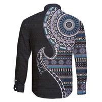 Fijian Masi Tribal Tattoos Art Pattern Family Matching Off The Shoulder Long Sleeve Dress and Hawaiian Shirt Navy Color Half Style LT03 - Polynesian Pride