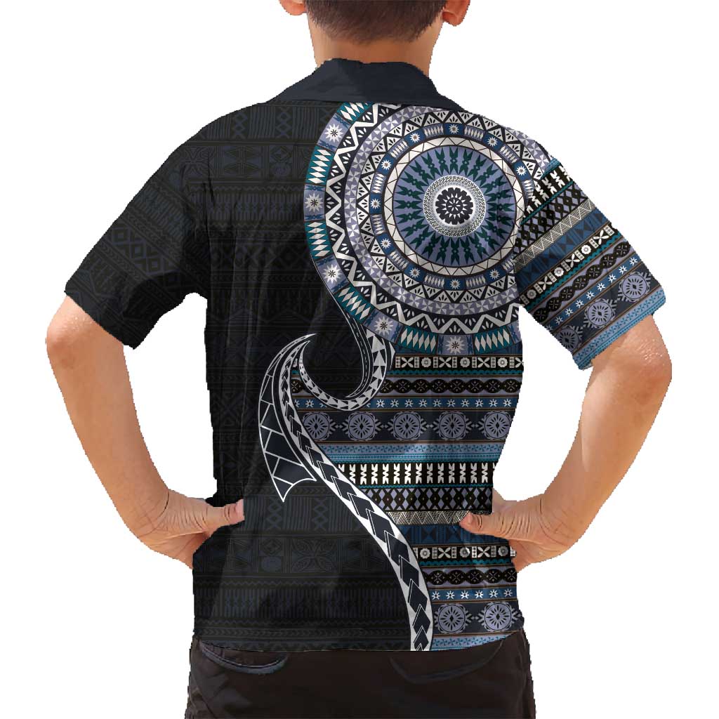 Fijian Masi Tribal Tattoos Art Pattern Family Matching Off Shoulder Maxi Dress and Hawaiian Shirt Navy Color Half Style LT03 - Polynesian Pride