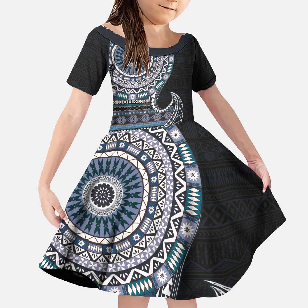 Fijian Masi Tribal Tattoos Art Pattern Family Matching Off Shoulder Maxi Dress and Hawaiian Shirt Navy Color Half Style LT03 Daughter's Dress Navy - Polynesian Pride