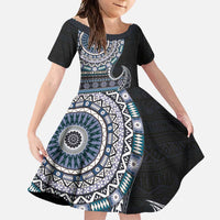 Fijian Masi Tribal Tattoos Art Pattern Family Matching Off Shoulder Maxi Dress and Hawaiian Shirt Navy Color Half Style LT03 Daughter's Dress Navy - Polynesian Pride