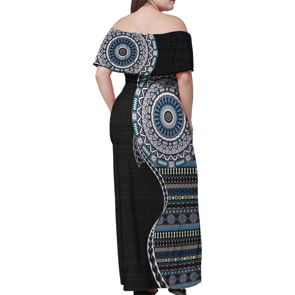 Fijian Masi Tribal Tattoos Art Pattern Family Matching Off Shoulder Maxi Dress and Hawaiian Shirt Navy Color Half Style LT03 - Polynesian Pride
