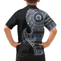 Fijian Masi Tribal Tattoos Art Pattern Family Matching Off Shoulder Short Dress and Hawaiian Shirt Navy Color Half Style LT03 - Polynesian Pride
