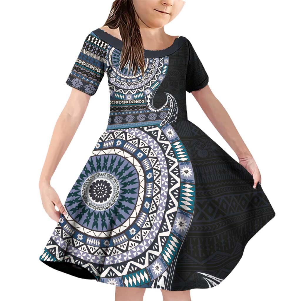 Fijian Masi Tribal Tattoos Art Pattern Family Matching Off Shoulder Short Dress and Hawaiian Shirt Navy Color Half Style LT03 Daughter's Dress Navy - Polynesian Pride