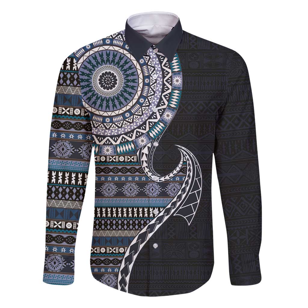Fijian Masi Tribal Tattoos Art Pattern Family Matching Off Shoulder Short Dress and Hawaiian Shirt Navy Color Half Style LT03 Dad's Shirt - Long Sleeve Navy - Polynesian Pride