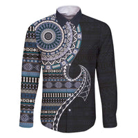 Fijian Masi Tribal Tattoos Art Pattern Family Matching Off Shoulder Short Dress and Hawaiian Shirt Navy Color Half Style LT03 Dad's Shirt - Long Sleeve Navy - Polynesian Pride
