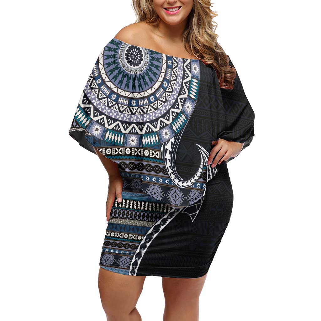 Fijian Masi Tribal Tattoos Art Pattern Family Matching Off Shoulder Short Dress and Hawaiian Shirt Navy Color Half Style LT03 Mom's Dress Navy - Polynesian Pride