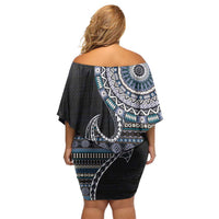 Fijian Masi Tribal Tattoos Art Pattern Family Matching Off Shoulder Short Dress and Hawaiian Shirt Navy Color Half Style LT03 - Polynesian Pride