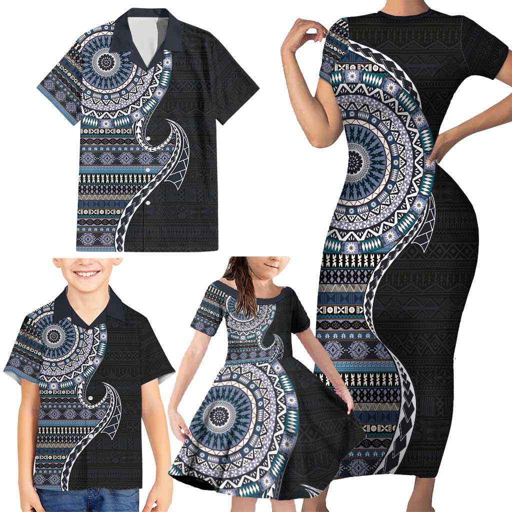 Fijian Masi Tribal Tattoos Art Pattern Family Matching Short Sleeve Bodycon Dress and Hawaiian Shirt Navy Color Half Style LT03 - Polynesian Pride