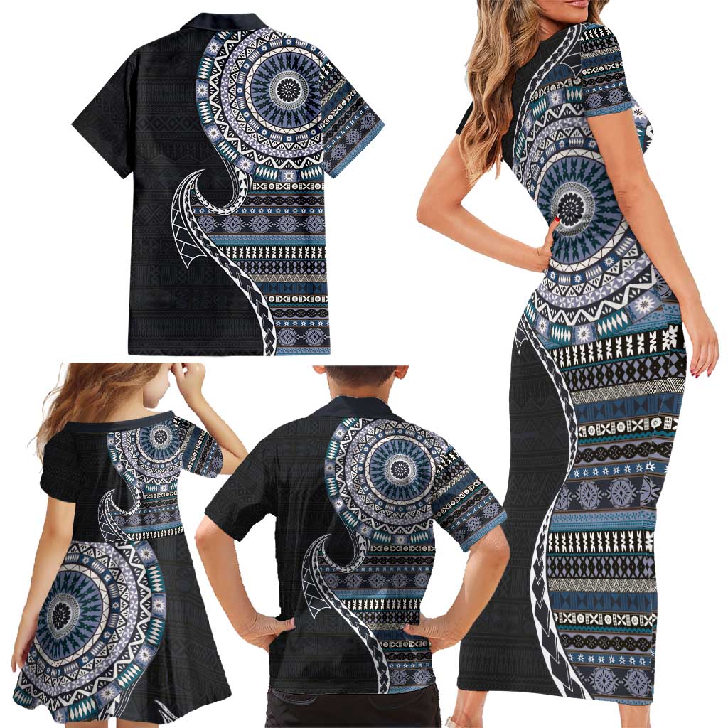 Fijian Masi Tribal Tattoos Art Pattern Family Matching Short Sleeve Bodycon Dress and Hawaiian Shirt Navy Color Half Style LT03 - Polynesian Pride