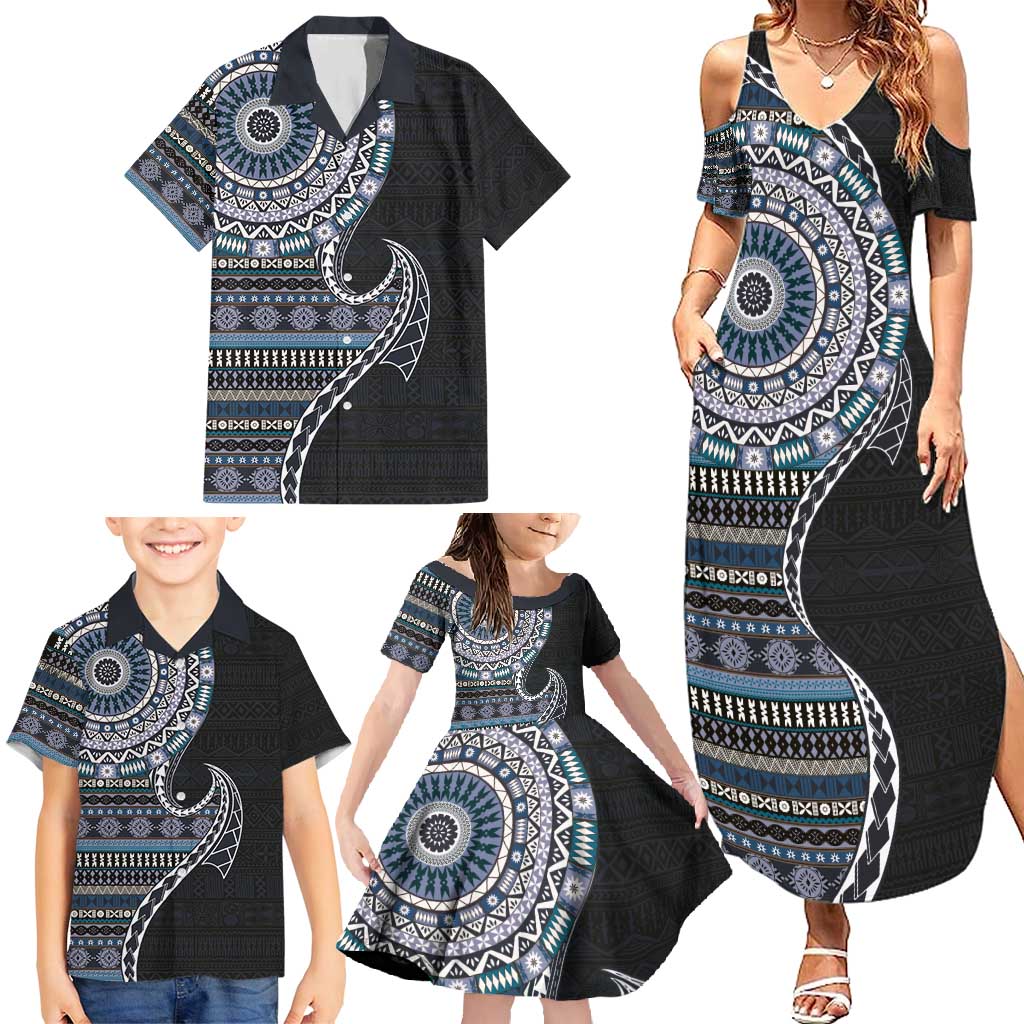Fijian Masi Tribal Tattoos Art Pattern Family Matching Summer Maxi Dress and Hawaiian Shirt Navy Color Half Style LT03 - Polynesian Pride