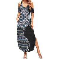 Fijian Masi Tribal Tattoos Art Pattern Family Matching Summer Maxi Dress and Hawaiian Shirt Navy Color Half Style LT03 Mom's Dress Navy - Polynesian Pride