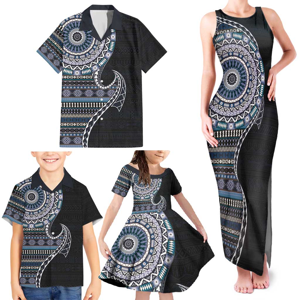 Fijian Masi Tribal Tattoos Art Pattern Family Matching Tank Maxi Dress and Hawaiian Shirt Navy Color Half Style LT03 - Polynesian Pride