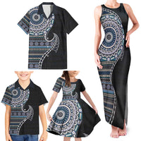Fijian Masi Tribal Tattoos Art Pattern Family Matching Tank Maxi Dress and Hawaiian Shirt Navy Color Half Style LT03 - Polynesian Pride