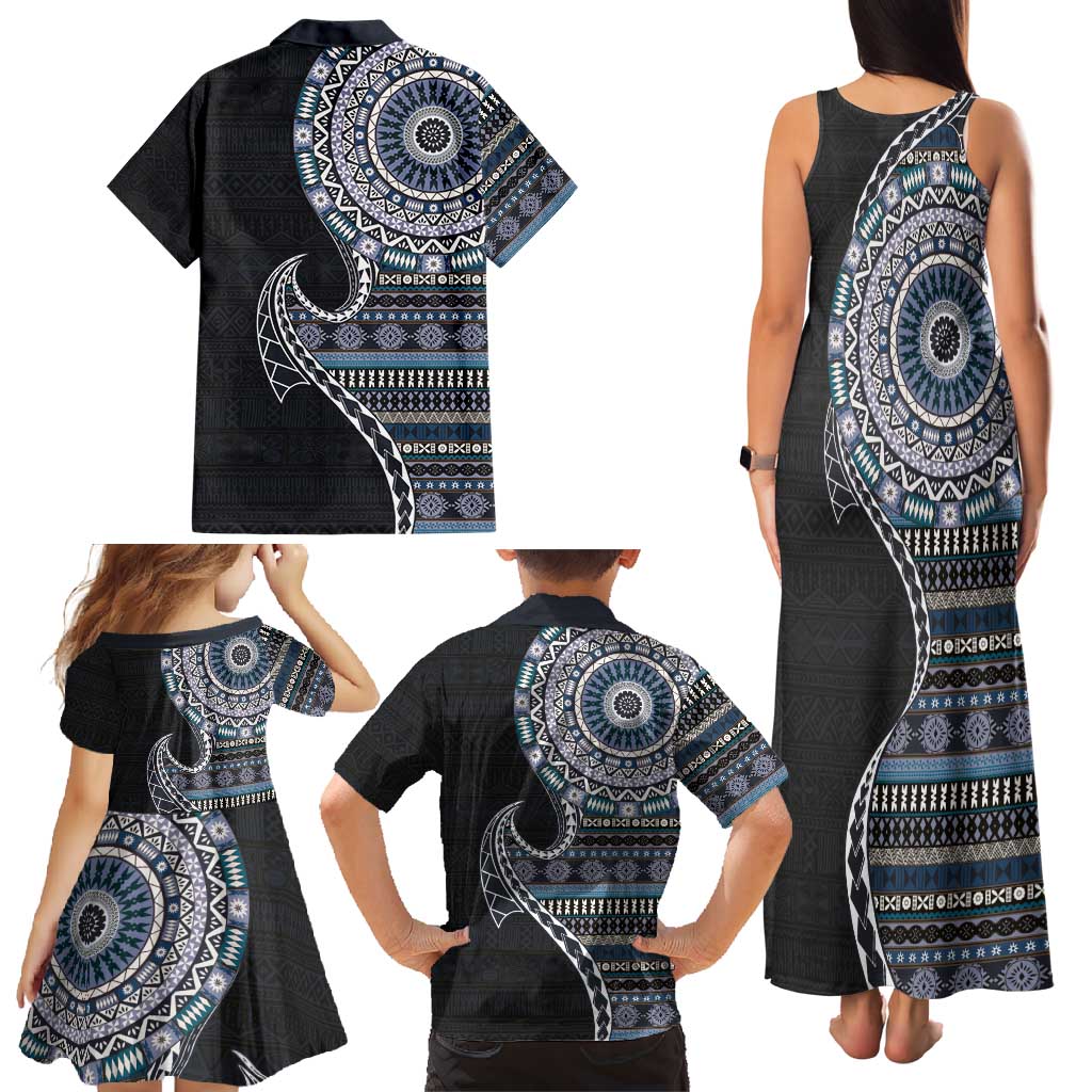 Fijian Masi Tribal Tattoos Art Pattern Family Matching Tank Maxi Dress and Hawaiian Shirt Navy Color Half Style LT03 - Polynesian Pride