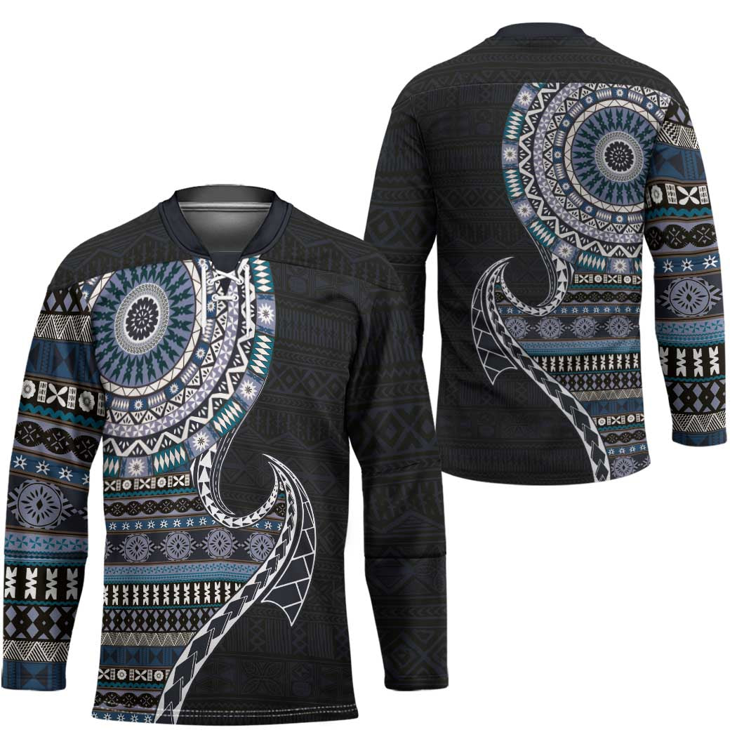 Fijian Masi Tribal Tattoos Art Pattern Hockey Jersey Navy Color Half Style - Polynesian Pride