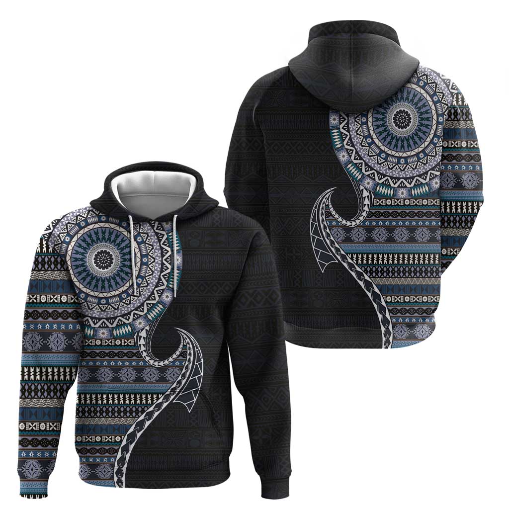 Fijian Masi Tribal Tattoos Art Pattern Hoodie Navy Color Half Style - Polynesian Pride