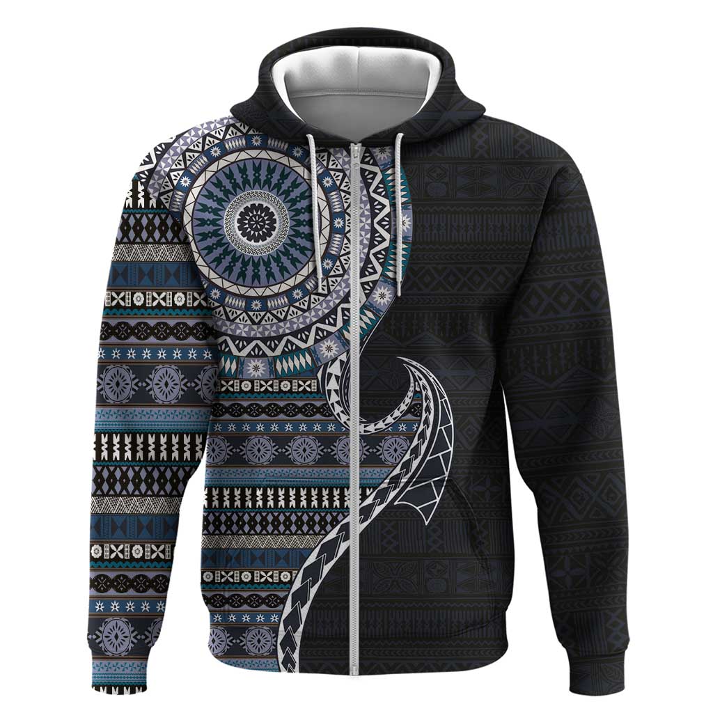 Fijian Masi Tribal Tattoos Art Pattern Hoodie Navy Color Half Style - Polynesian Pride