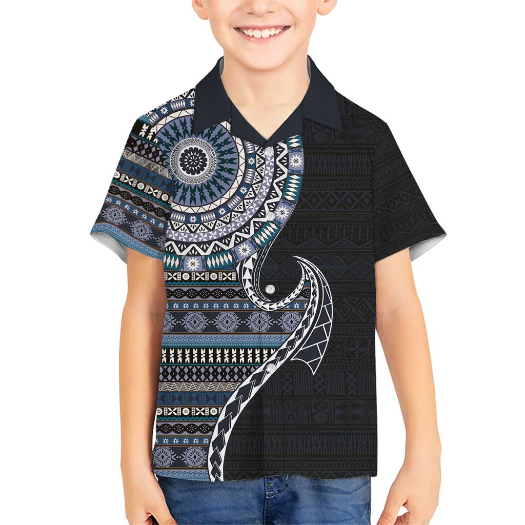 Fijian Masi Tribal Tattoos Art Pattern Kid Hawaiian Shirt Navy Color Half Style - Polynesian Pride
