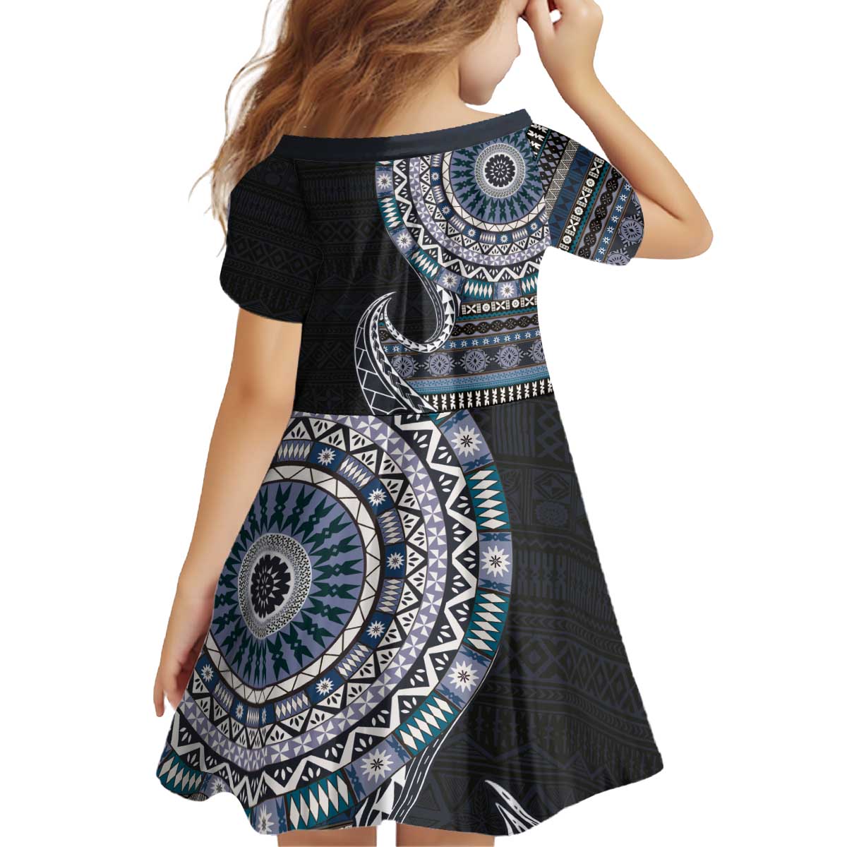 Fijian Masi Tribal Tattoos Art Pattern Kid Short Sleeve Dress Navy Color Half Style - Polynesian Pride