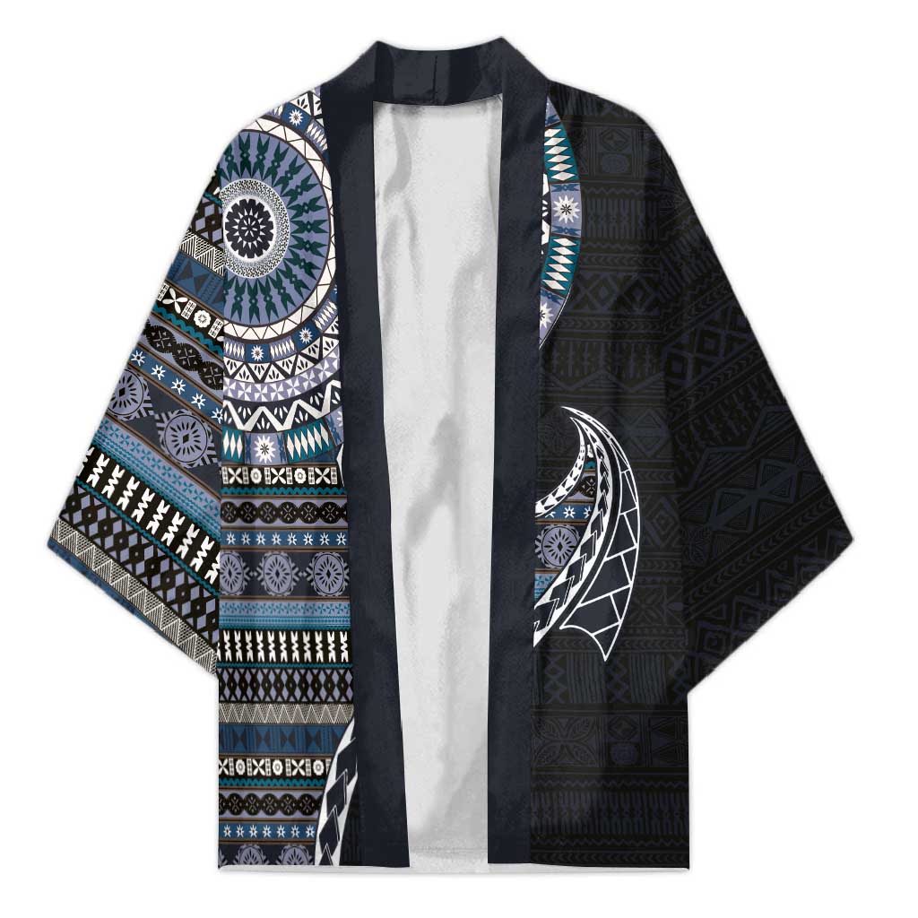 Fijian Masi Tribal Tattoos Art Pattern Kimono Navy Color Half Style - Polynesian Pride