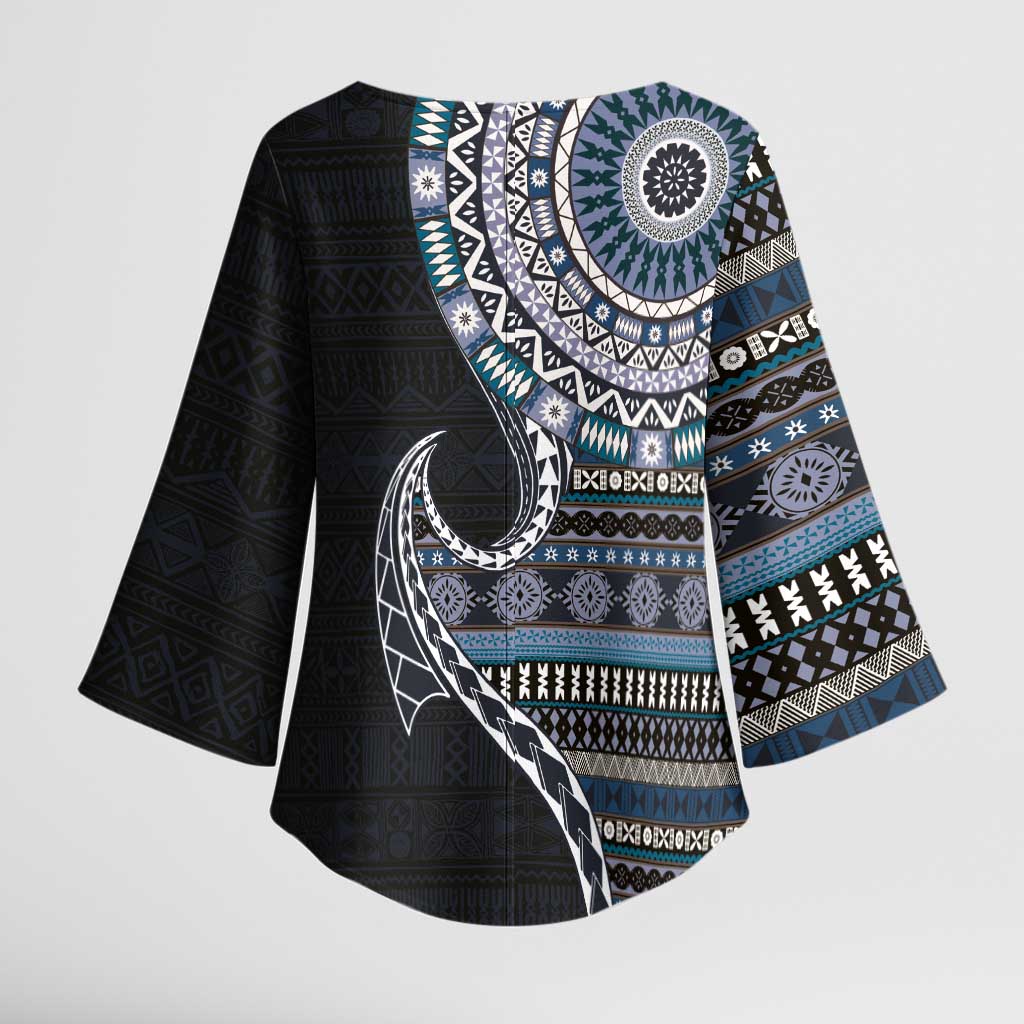 Fijian Masi Tribal Tattoos Art Pattern Kimono Sleeve Blouse Navy Color Half Style - Polynesian Pride