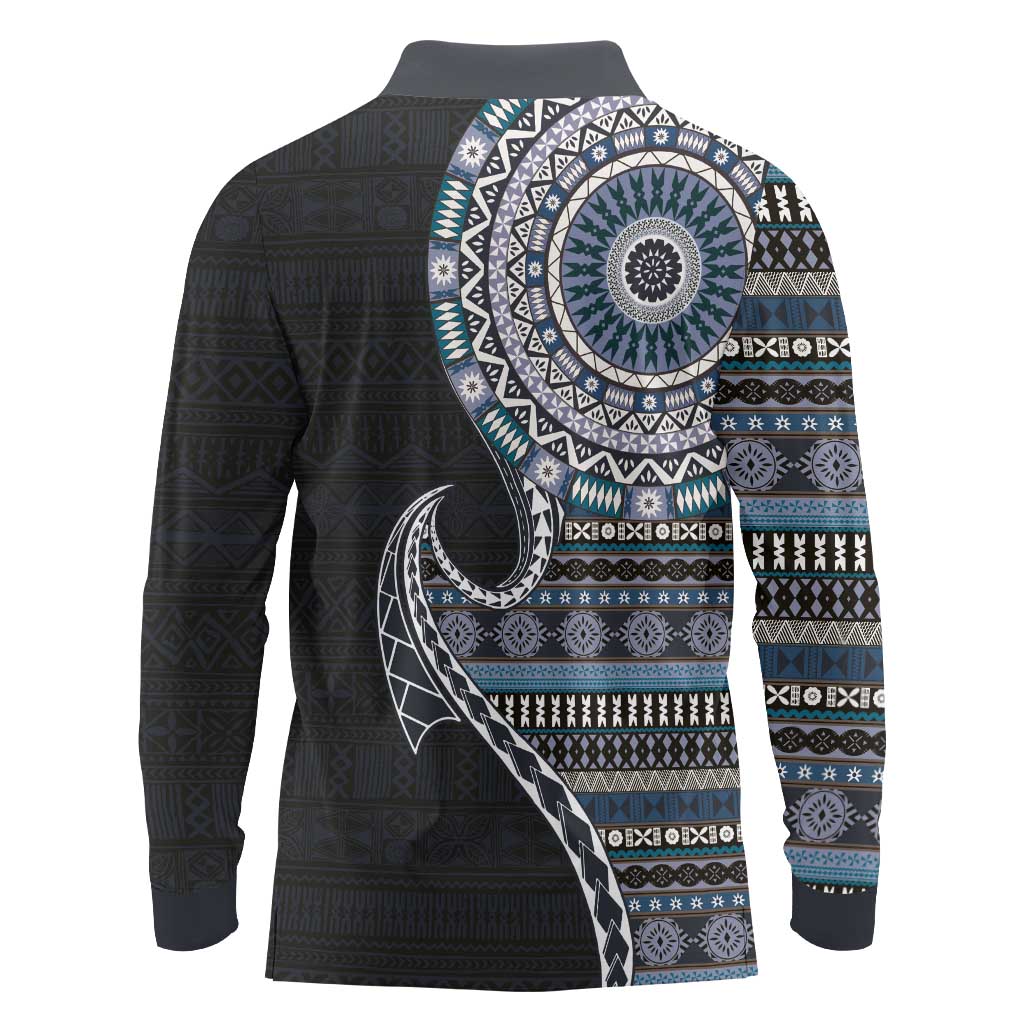 Fijian Masi Tribal Tattoos Art Pattern Long Sleeve Polo Shirt Navy Color Half Style - Polynesian Pride
