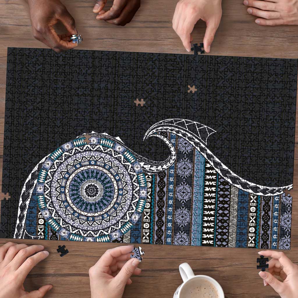 Fijian Masi Tribal Tattoos Art Pattern Puzzle Navy Color Half Style - Polynesian Pride