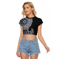 Fijian Masi Tribal Tattoos Art Pattern Raglan Cropped T Shirt Navy Color Half Style - Polynesian Pride