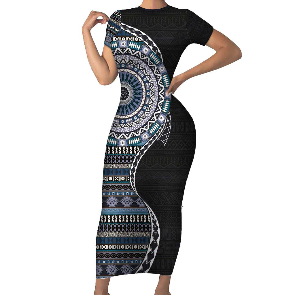 Fijian Masi Tribal Tattoos Art Pattern Short Sleeve Bodycon Dress Navy Color Half Style - Polynesian Pride