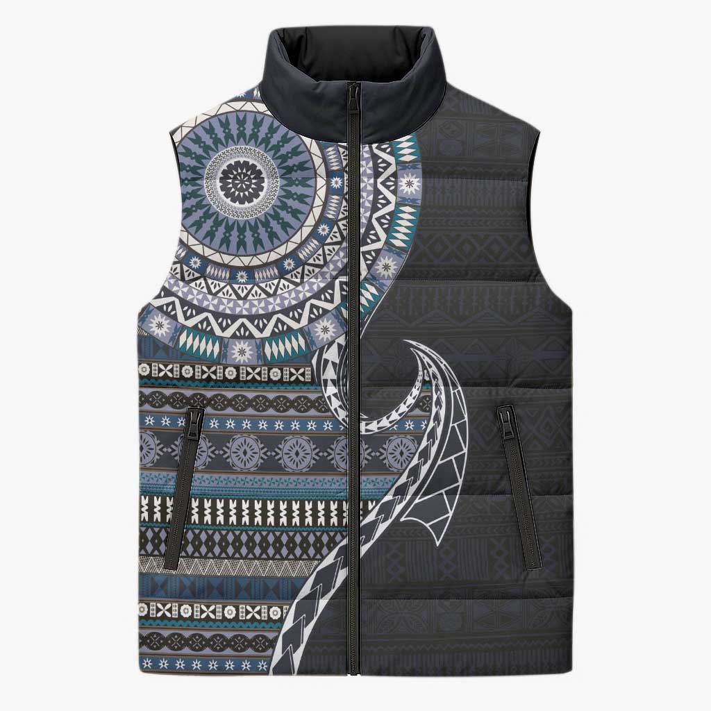 Fijian Masi Tribal Tattoos Art Pattern Sleeveless Puffer Jacket Navy Color Half Style - Polynesian Pride