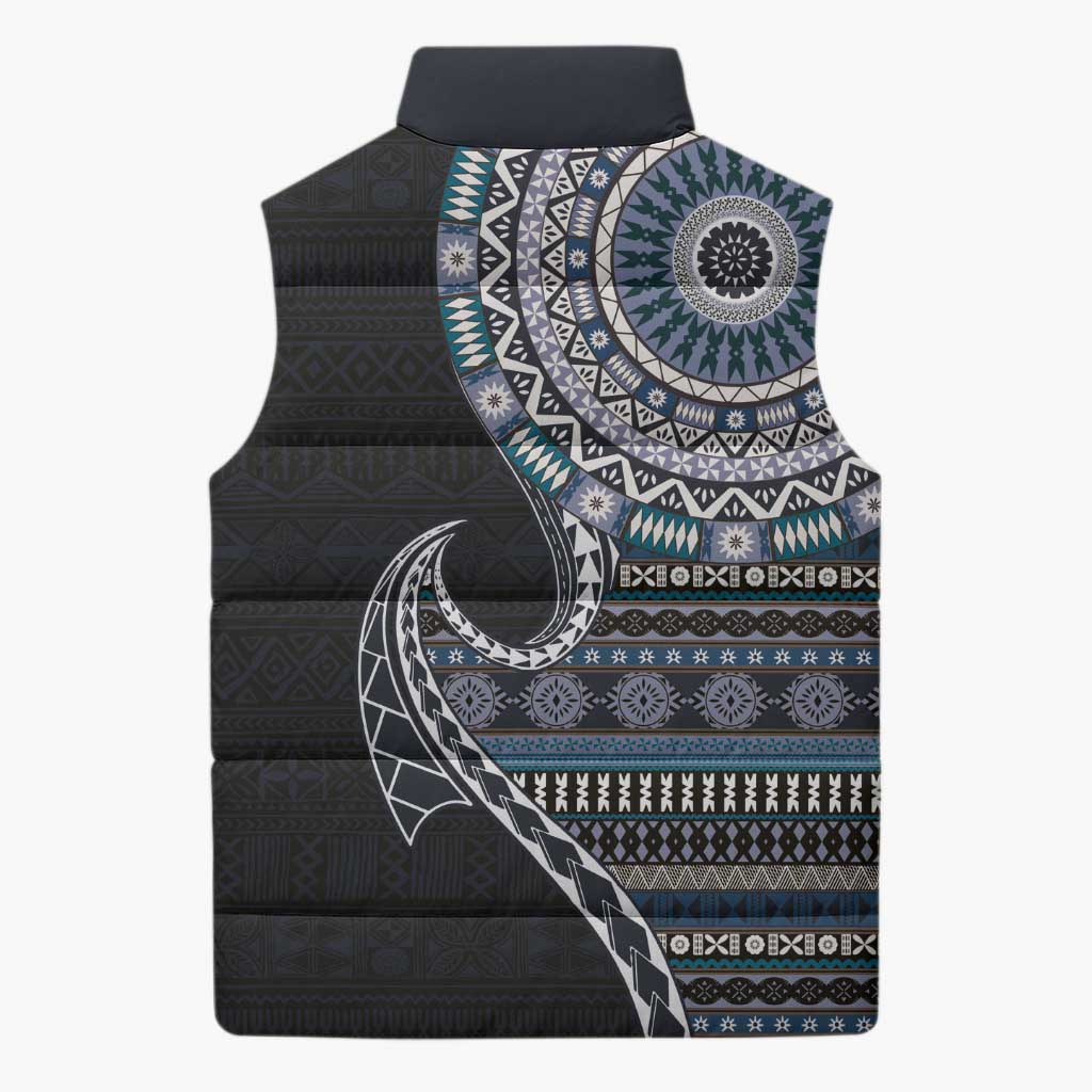 Fijian Masi Tribal Tattoos Art Pattern Sleeveless Puffer Jacket Navy Color Half Style - Polynesian Pride