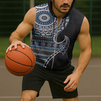 Fijian Masi Tribal Tattoos Art Pattern Sleeveless Zip Hoodie Navy Color Half Style - Polynesian Pride