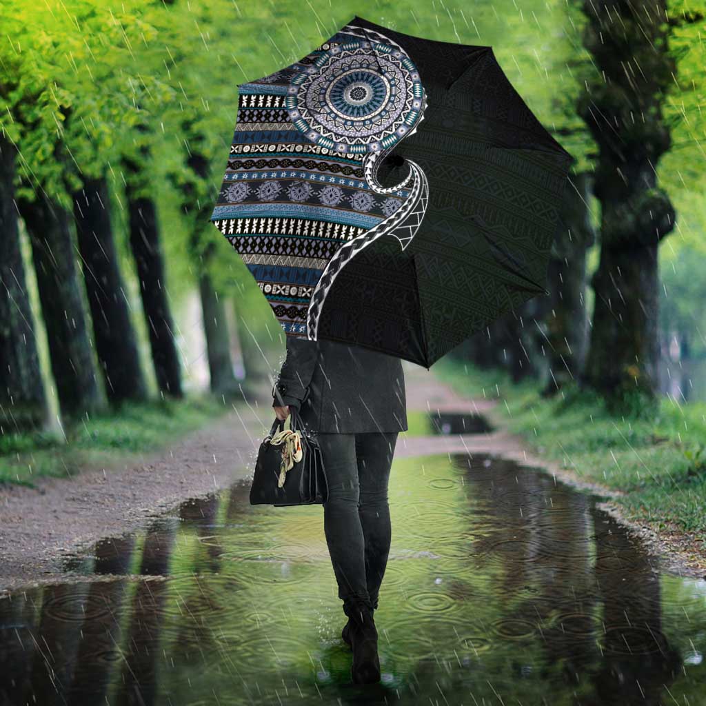 Fijian Masi Tribal Tattoos Art Pattern Umbrella Navy Color Half Style - Polynesian Pride