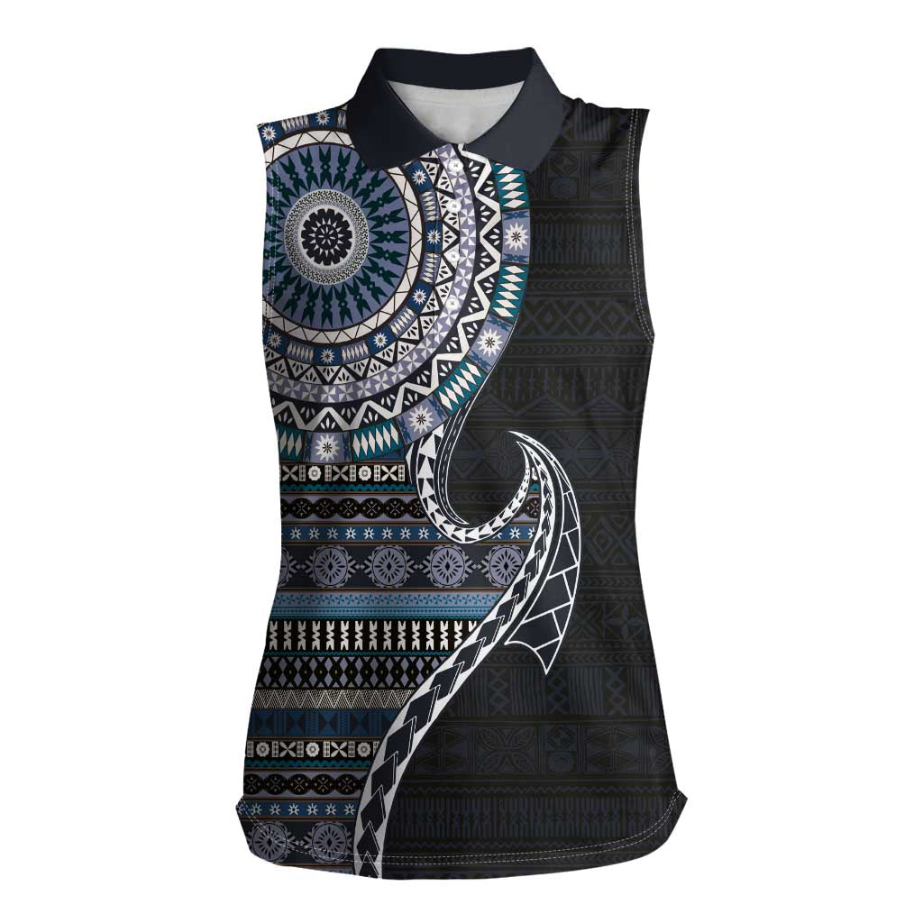 Fijian Masi Tribal Tattoos Art Pattern Women Sleeveless Polo Shirt Navy Color Half Style - Polynesian Pride