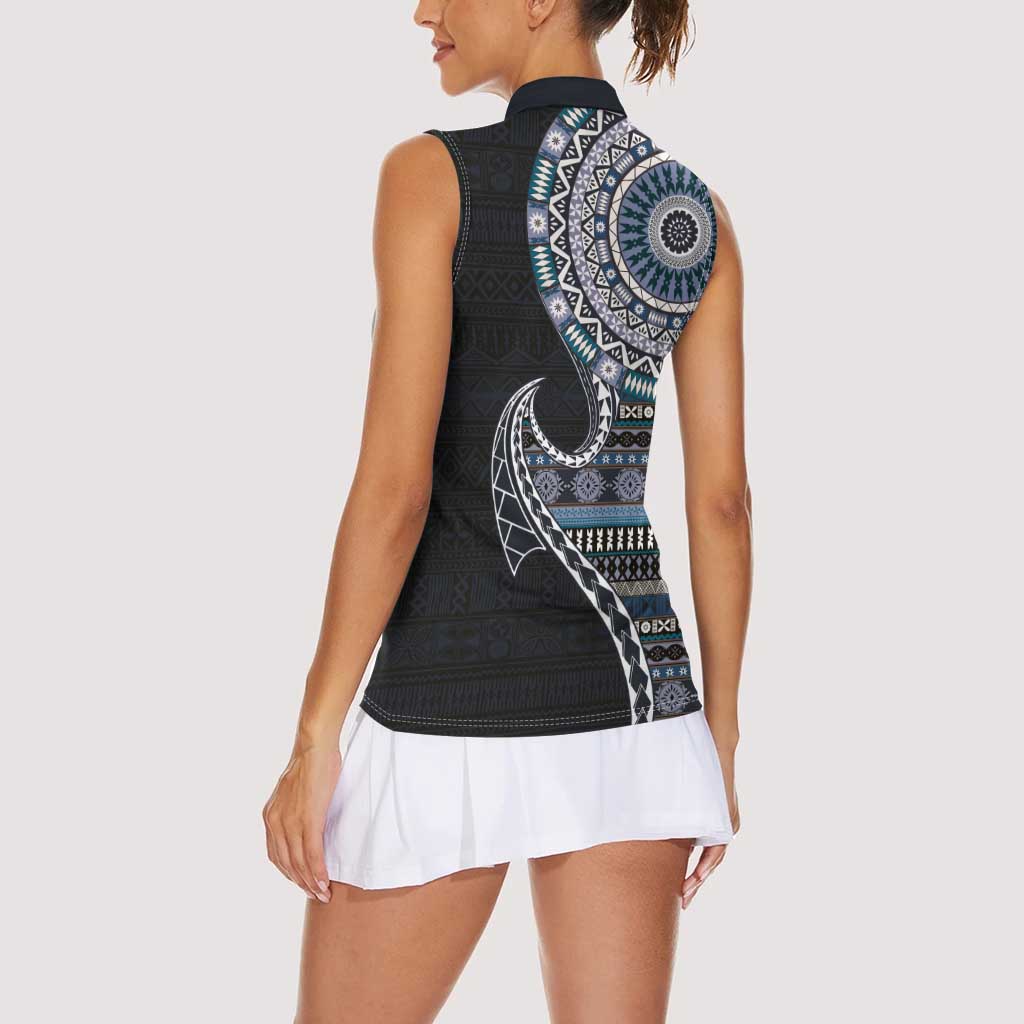Fijian Masi Tribal Tattoos Art Pattern Women Sleeveless Polo Shirt Navy Color Half Style - Polynesian Pride