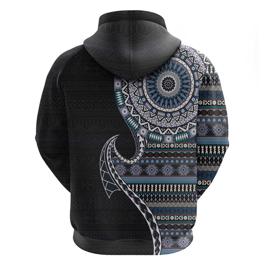 Fijian Masi Tribal Tattoos Art Pattern Zip Hoodie Navy Color Half Style - Polynesian Pride
