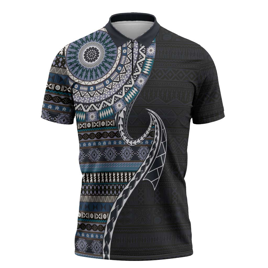 Fijian Masi Tribal Tattoos Art Pattern Zipper Polo Shirt Navy Color Half Style - Polynesian Pride