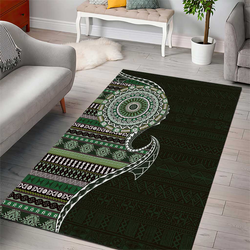 Fijian Masi Tribal Tattoos Art Pattern Area Rug Green Color Half Style - Polynesian Pride