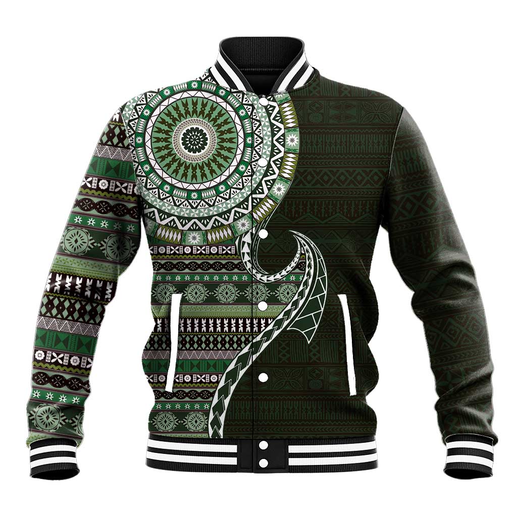 Fijian Masi Tribal Tattoos Art Pattern Baseball Jacket Green Color Half Style - Polynesian Pride