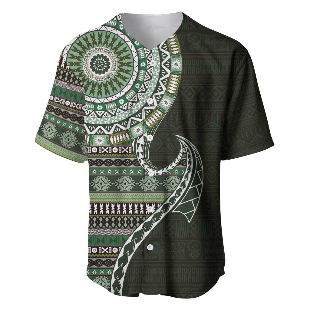 Fijian Masi Tribal Tattoos Art Pattern Baseball Jersey Green Color Half Style - Polynesian Pride