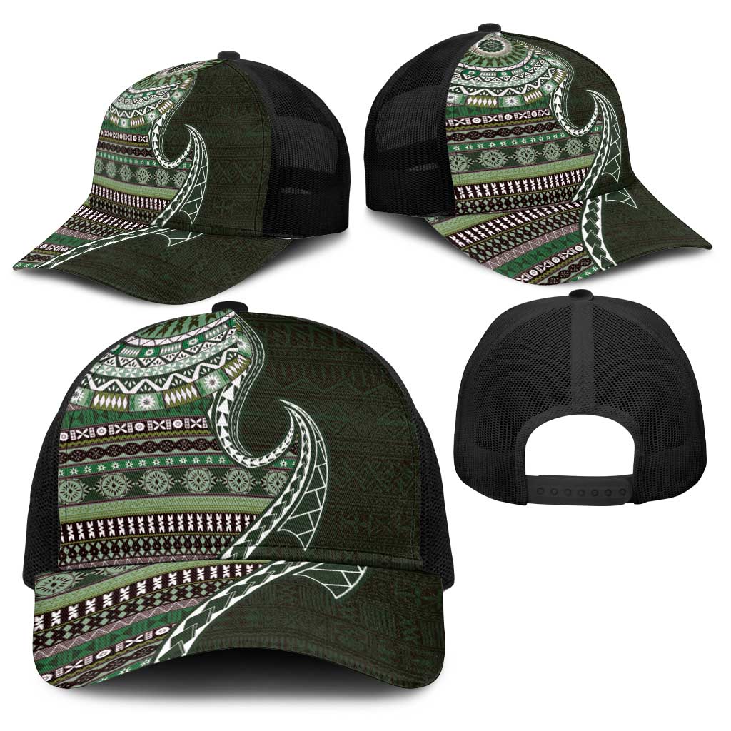 Fijian Masi Tribal Tattoos Art Pattern Baseball Net Cap Green Color Half Style - Polynesian Pride